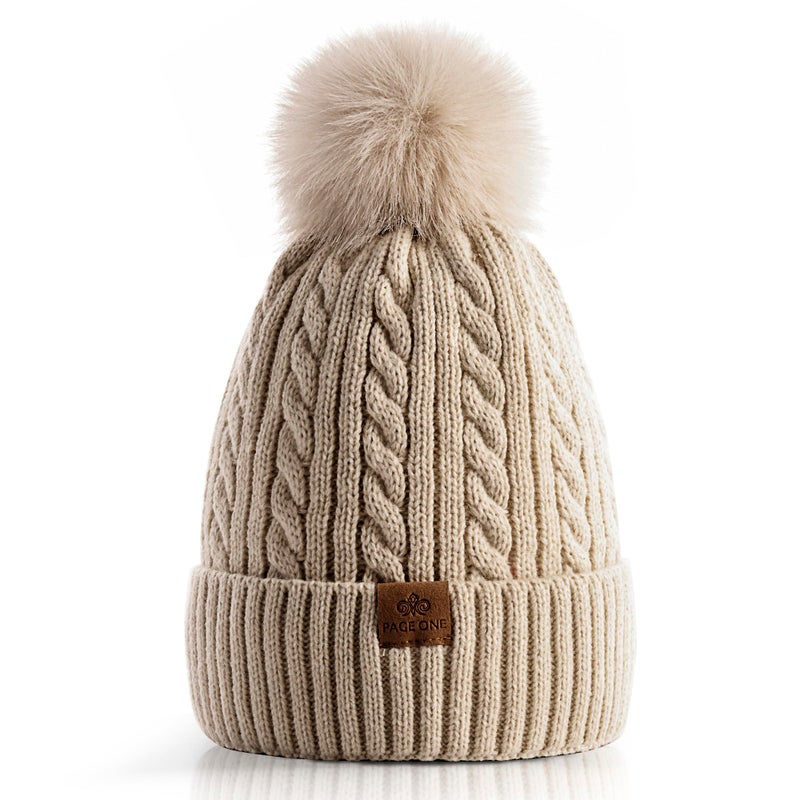 PAGE ONE Women Winter Pom Pom Beanie Hats Warm Fleece Lined,Chunky Trendy Cute Chenille Knit Twist Cap - Image 1